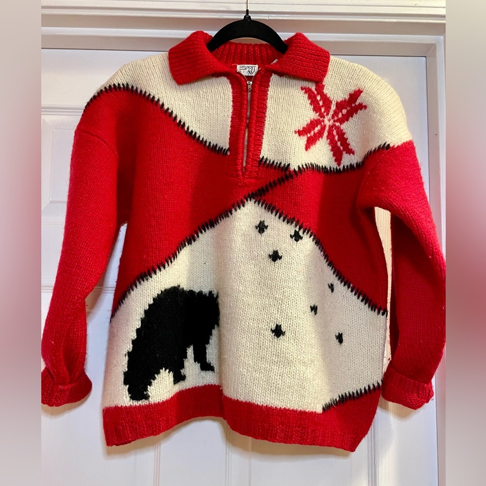 Vintage Esprit Sport 100% Wool Sweter-  Red, White and Black Bear